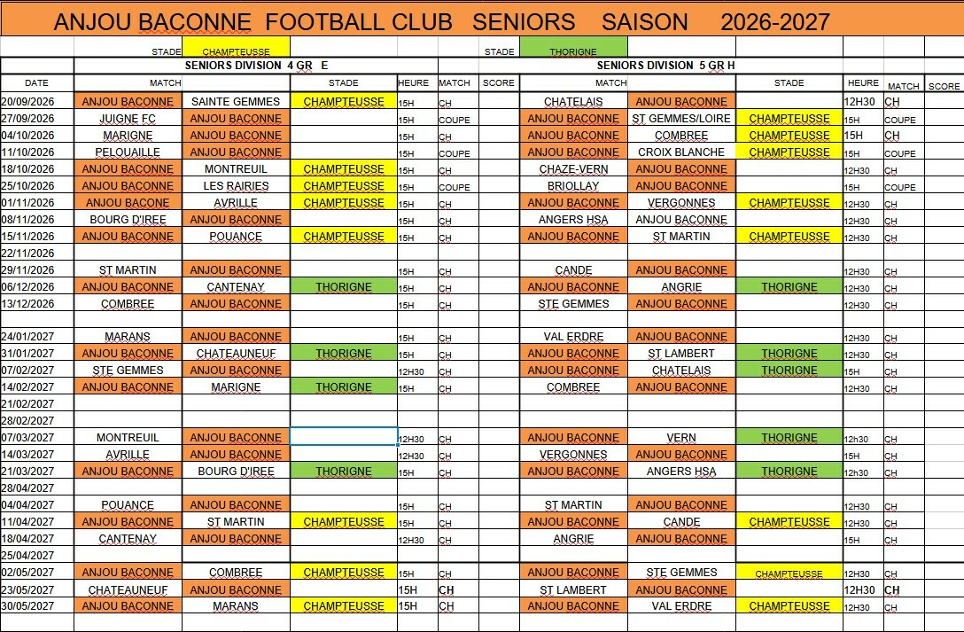 Calendrier des stades 2026-2027